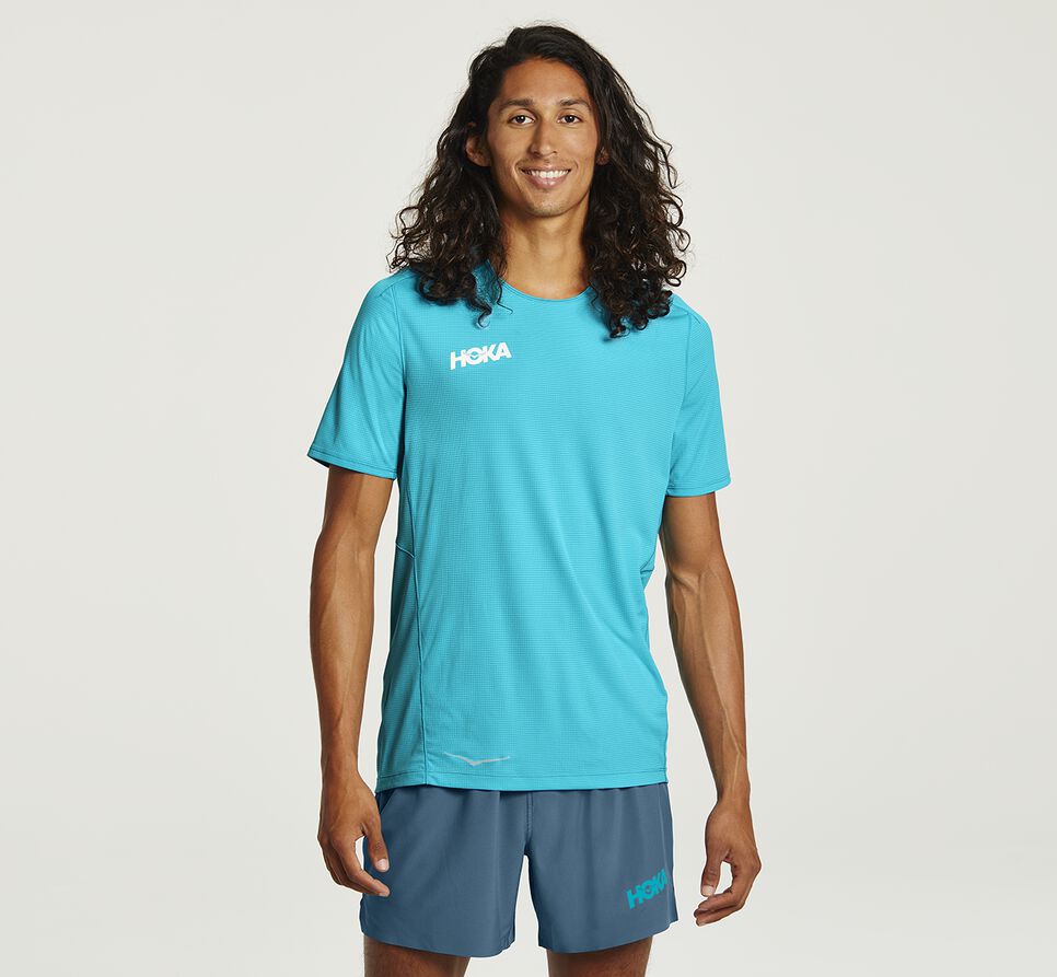 Hoka One One Performance Korta Sleeve T-shirt Herr Blå | 28VWKOJAR