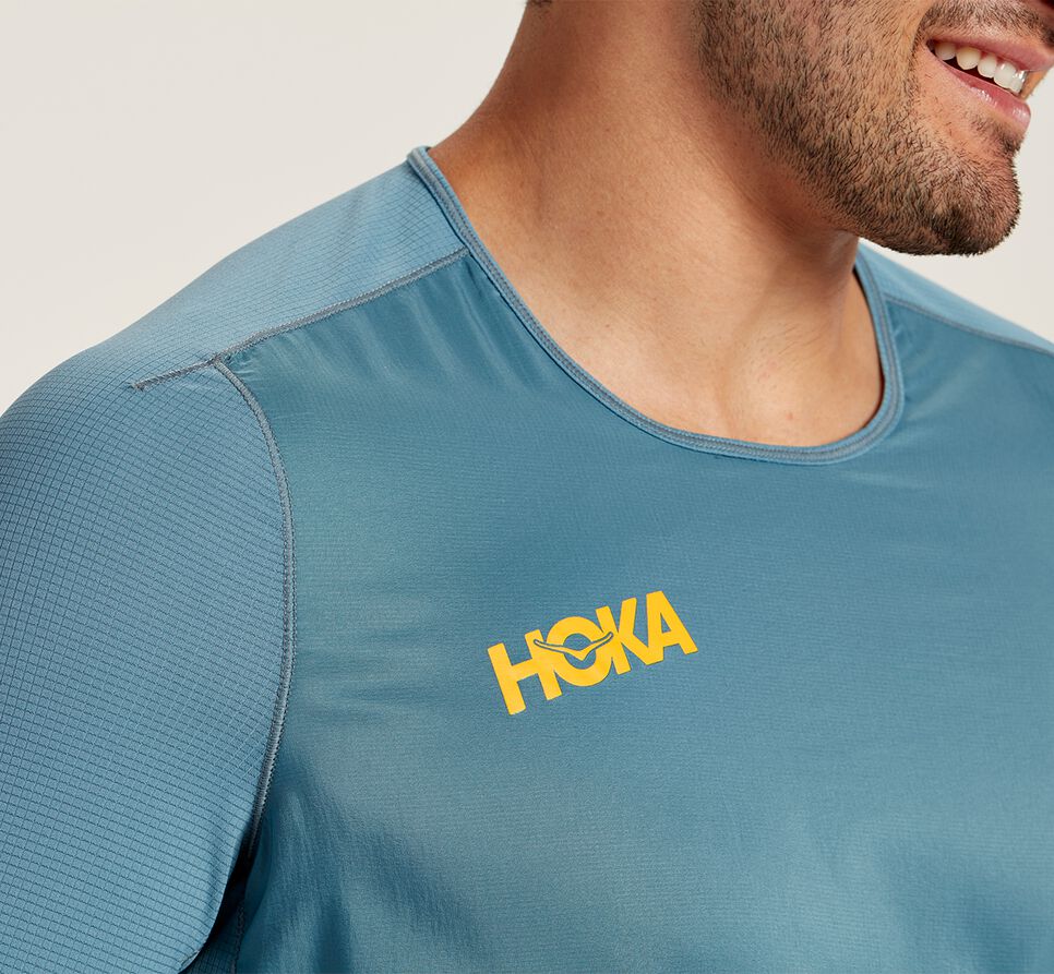 Hoka One One Slim Fit Vindtät T Shirt Herr Blå | 05BEIWFUG